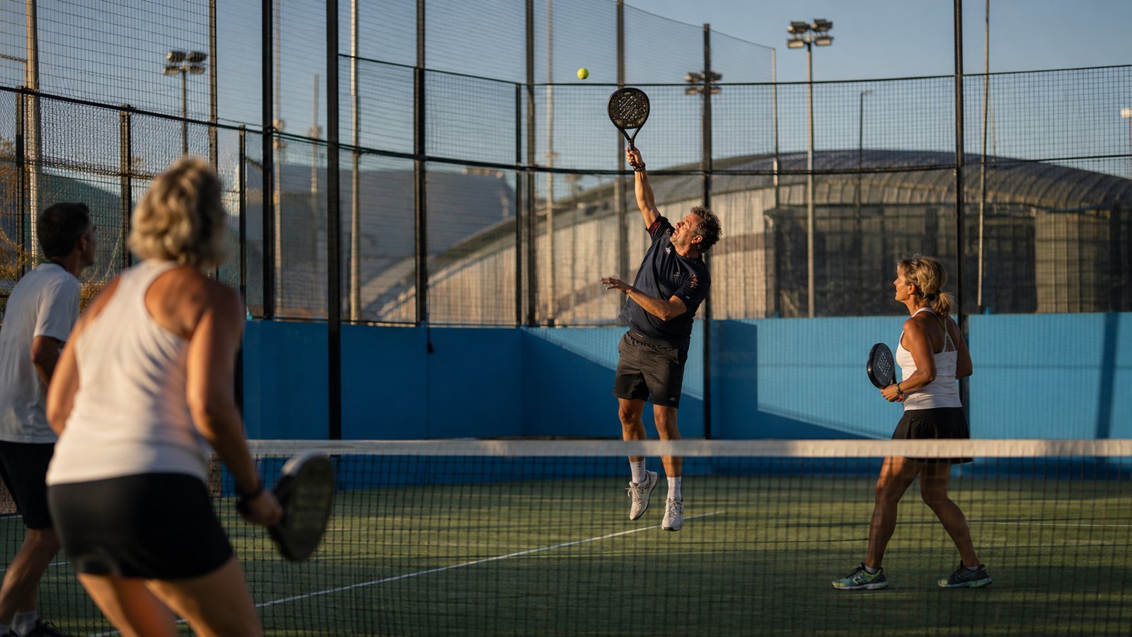 Final del torneo Padelgazar 2025: jugador subiendo a rematar en pista de cristal del C.N. El Balís al atardecer.