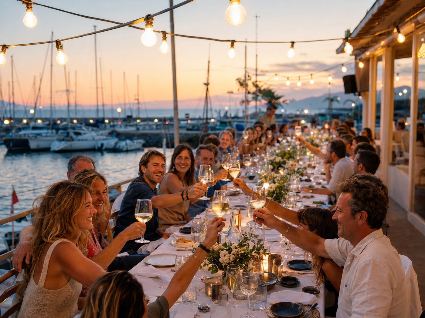 Cena de clausura 2024 en la terraza del club sobre el puerto, mesa larga con comensales brindando con luces colgantes al atardecer.
