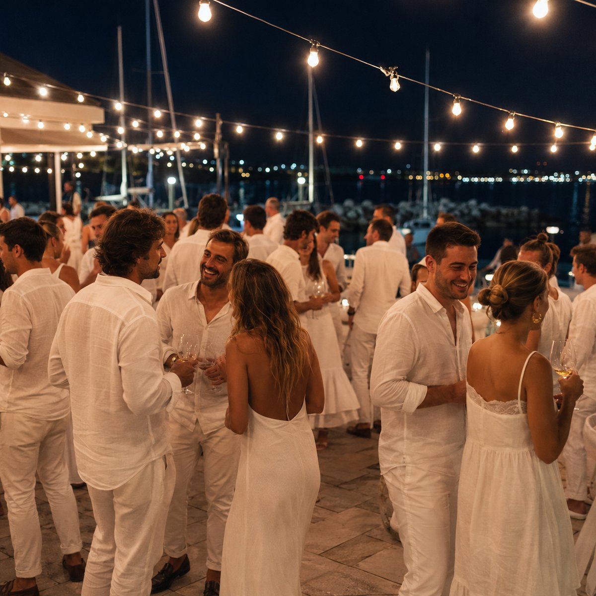 White Party 2025 en la terraza del club, asistentes vestidos de blanco con copas, bombillas vintage encendidas, mar al fondo.
