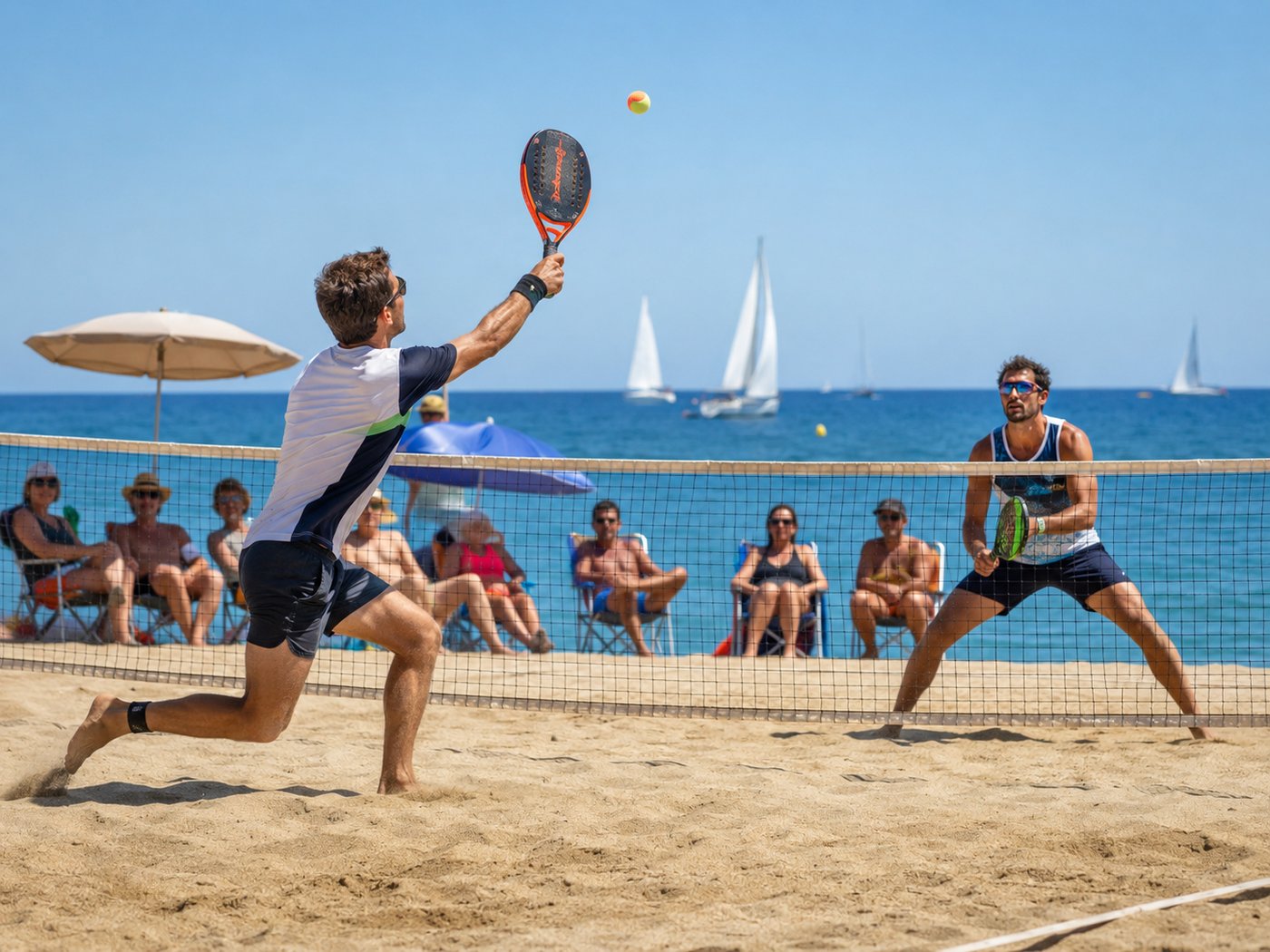 Partido de BeachTennis 2023 en la playa, dos jugadores en plena acción con el Mediterráneo al fondo y espectadores en sillas.