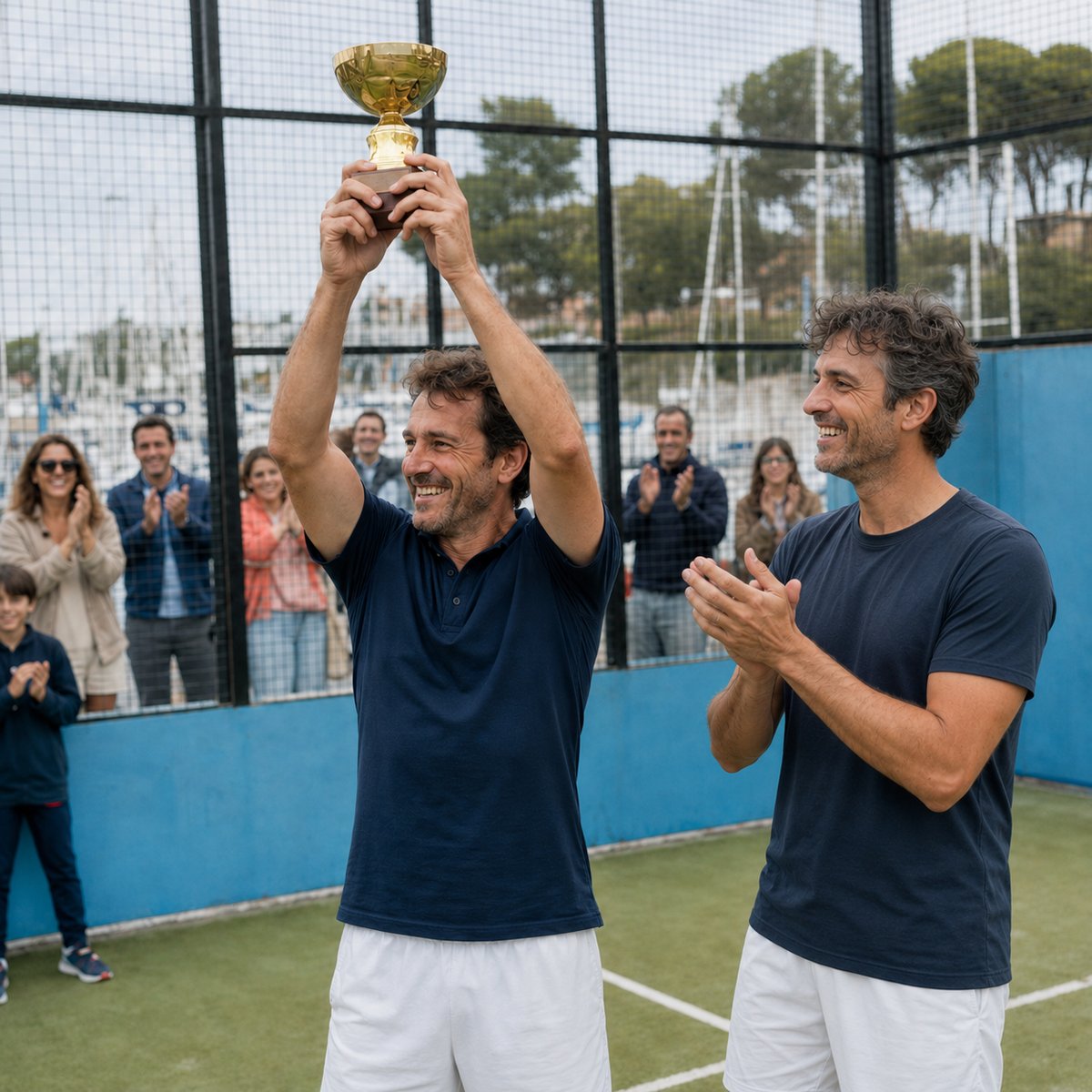 Entrega de trofeos 2024 en pista del club: ganador alzando trofeo y compañero aplaudiendo, público detrás de la malla.