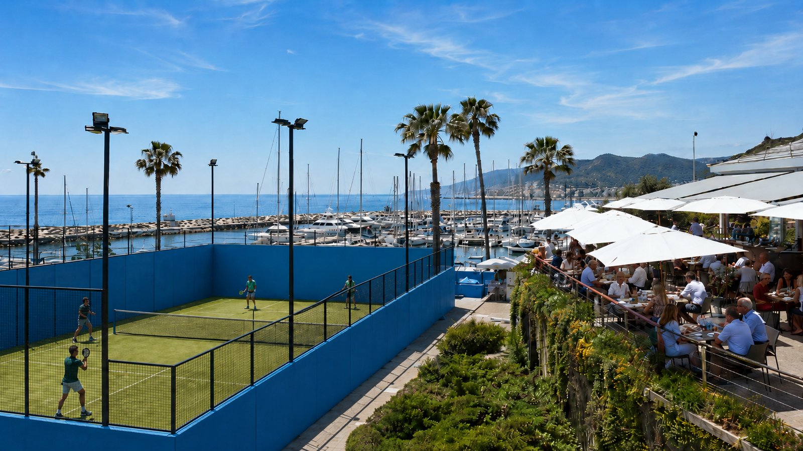 Vista panorámica del C.N. El Balís en verano: pistas de pádel, puerto deportivo con veleros y terraza del restaurante.